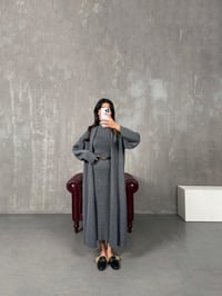 Sores Antrasit Balıkçı Yaka Yandan Yırtmaçlı Elbise Triko Hırka İkili TakımGausTAKIMGU100312