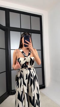 Ekru Desenli Beli Lastikli Crop Cepli Pantolon İkili Premium Takım GAUS-01390GAUSTAKIMGAUS-01390