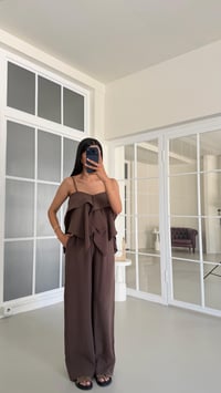 Kahve Fırfırlı Bluz Beli Lastikli Pantolon İkili MD Muadil Tencel Takım GAUS-01605GAUSSuitsGAUS-01605