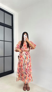 Pembe Desenli Balon Kol Crop Etek İkili Keten Takım GAUS-0055GAUSTAKIMGAUS-0055