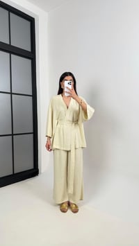 Soft Sarı Kuşaklı Kimono Beli Lastikli Cepli Pantolon Keten Takım Gaus00397GausTAKIMGU1001932