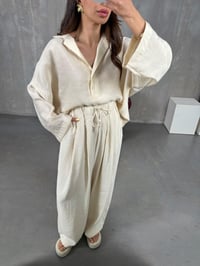 Taş Yarım Düğmeli Gömlek Beli Lastikli Pantolon Tensel Takım Gaus00133GausTAKIMGU1001301