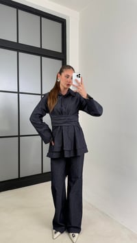 Lacivert Gümüş Çizgili Bağlama Detaylı Gömlek Pantolon Denim Takım GAUS-00638GAUSTAKIMGAUS-00638