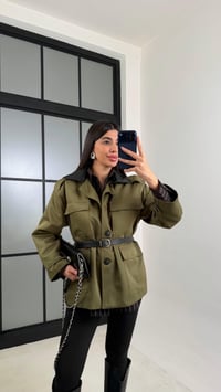 Yeşil Deri Yakalı Kemerli Astarlı Premium Ceket GAUS-00843GAUSCEKETGAUS-00843