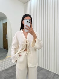 Ekru Önü Bağlamalı Beli Lastikli Müslin Kumaş Takım Gaus00282GausTAKIMGU1001656