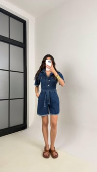 Lacivert Kısa Kol Önü Düğmeli Kemerli  Denim Tulum Gaus00465GausTULUMGU1002089