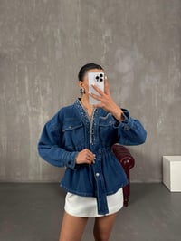 Mavi Boncuk İşlemeli Belden Lastikli Denim Tasarım Ceket Gaus00028GausCEKETGU1001062