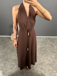 Aren Kahve Boyundan Geçirmeli Uzun Keten Elbise GausELBİSEGU008639