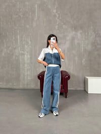 Alvin Beyaz Şeritli Kısa Kollu Fermuarlı Denim Karışımlı Üst Alt TakımGausTAKIMGU100850