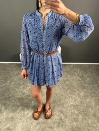 Mavi Desenli Kemerli Şifon ElbiseGausELBİSEGU007254