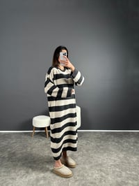 Hedy Gri Çizgili Oversize Uzun Triko ElbiseGausELBİSEGU004154