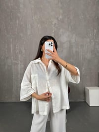 Beyaz Kısa Kollu Keten Oversize Gömlek Gaus00065GausGÖMLEKGU1001148