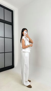 Beyaz Cepli Bağlamalı Yelek Beli Lastikli Pantolon İkili Tencel Takım Gaus00546GausTAKIMGU1002276