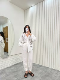 Beyaz Kahve İşlemeli Gömlek Beli Lastikli Pantolon Müslin İkili Takım Gaus00293GausTAKIMGU1001678