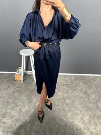 Miel Lacivert Balon Kol Önden Yırtmaçlı Kemerli Saten ElbiseGausELBİSEGU008887