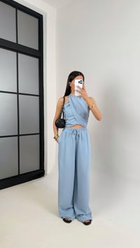 Mavi Boyundan Bağlamalı Crop Beli Lastikli Cepli Pantolon Keten Takım Gaus00418GausTAKIMGU1001978