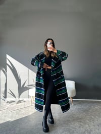 Premium Mavi Ekose Astarlı Uzun Kaban GausKABANGU002856