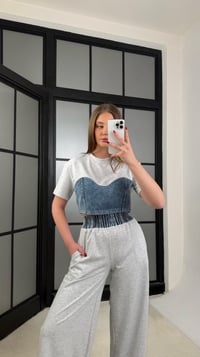 Gri Denim Detaylı Crop Beli Lastikli Pantolon Premium Takım GAUS-01273GAUSTAKIMGAUS-01273