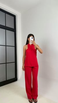 Kırmızı Boyundan Bağlamalı Bluz Cepli Pantolon Tasarım Keten Takım Gaus00667GausTAKIMGU1002541