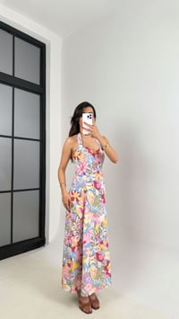Floral Desenli Boyundan Bağlamalı Keten Elbise Gaus00515GausELBİSEGU1002208