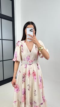Taş V Yaka Pembe Çiçek Desenli Astarlı Balon Kol Kemerli Elbise Gaus00394GausELBİSEGU1001925