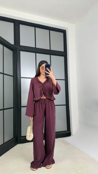 Mürdüm Önden Bağlamalı Gömlek Beli Lastikli Pantolon İkili Tencel Takım GAUS-01336GAUSSuitsGAUS-01336