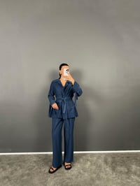 Arley Lacivert Kuşak Bağlamalı Cepli Üst Pantolon Eskitme Tensel Kimono TakımGausTAKIMGU008790
