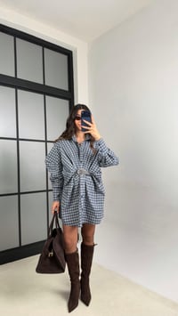 Lacivert Ekose Desenli Kemerli Tasarım Elbise GAUS-01162GAUSDressesGAUS-01162