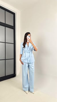 Mavi Yarım Kol Astarlı Vatkalı Kemerli Ceket Pantolon İkili Premium Takım Gaus00453GausTAKIMGU1002058