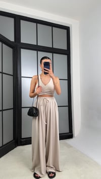 Bej OYS Model Pedli  Crop Beli Lastikli Pantolon İkili Takım GAUS-01441GAUSTAKIMGAUS-01441