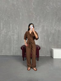 Kahve Kuşaklı V Yaka Keten Kısa Balon Kol Tulum Gaus00179GausTULUMGU1001420