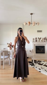 Acı Kahve Halter Yaka Gold Toka Detaylı Bluz Etek İkili Premium Takım GAUS-01631GAUSTAKIMGAUS-01631