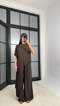 Acı Kahve Asimetrik Bluz Beli Lastikli Pantolon İkili Tasarım Takım GAUS-01490GAUSTAKIMGAUS-01490