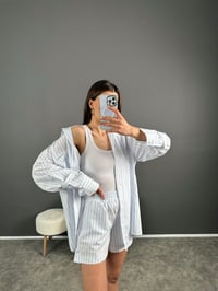 Beyaz Mavi Çizgili Zr Model Şortlu Gömlek TakımGausTAKIMGU007895