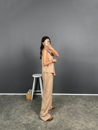 Cactos Sütlü Kahve Keten Asimetrik Kesim Sıfır Kol Bluz Pantolon İkili Takım  GausTAKIMGU008596