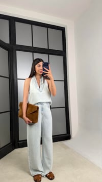 Buz Mavi Halter Yaka Tencel Denim Takım GAUS-01520GAUSTAKIMGAUS-01520