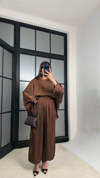 Kahve Transparan Pelerin Beli Lastikli Şalvar Pantolon Premium Tasarım Takım GAUS-01292GAUSTAKIMGAUS-01292