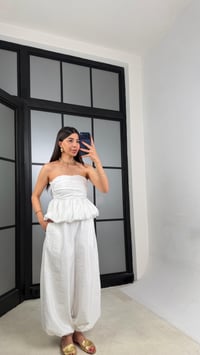 Beyaz Balon Bluz Beli Lastikli Şalvar Pantolon İkili Premium Takım GAUS-01569GAUSTAKIMGAUS-01569