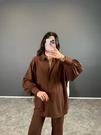 Heidy Kahverengi Gofre Kumaş Kemerli İkili TakımGausTAKIMGU004402