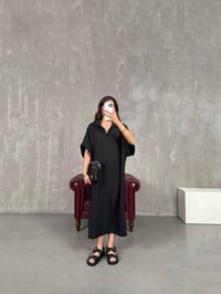 Siyah V Polo Yaka Yandan Yırtmaçlı Keten Elbise Gaus00164GausELBİSEGU1001378
