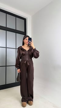 Acı Kahve Saten Detaylı Hırka Beli Lastikli Pantolon Tasarım Takım GAUS-01096GAUSTAKIMGAUS-01096