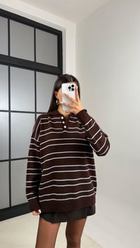 Acı Kahve Polo Yaka Mavi Çizgili Triko Kazak GAUS-00601GAUSKAZAKGAUS-00601