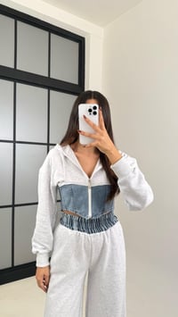 Gri Denim Detaylı Kapüşonlu Hırka Beli Lastikli Pantolon Tasarım Takım GAUS-00444GAUSTAKIMGAUS-00444