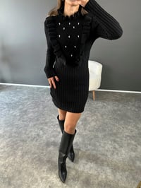 Quinn Siyah  İncili Triko Romantik ElbiseGausELBİSEGU003051