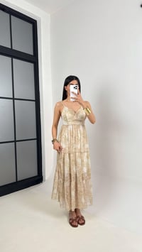 Bej Desenli Ayarlanabilir Askılı Yarım Astarlı Şifon Elbise Gaus00411GausELBİSEGU1001959
