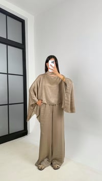 Vizon Zımba Detaylı Yarasa Kol Bluz Beli Lastikli Pantolon ZR Muadil Parlak Tencel Takım Gaus00695GausTAKIMGU1002609