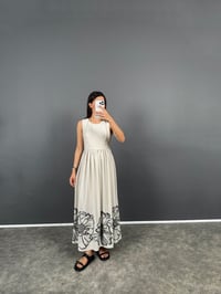 Miss Taş Sıfır Kol Desenli Fermuarlı Keten ElbiseGausELBİSEGU008734