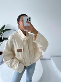 Bej Baskılı Oversize Dik Yaka Ceket GausCEKETGU001720
