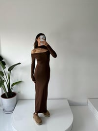 Benjamin Kahverengi Balıkçı Yaka Dekolteli Maxi ElbiseGausELBİSEGU002239