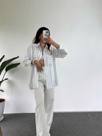 Beyaz Mavi Çizgili Cepli Oversize Gömlek GausGÖMLEKGU001001